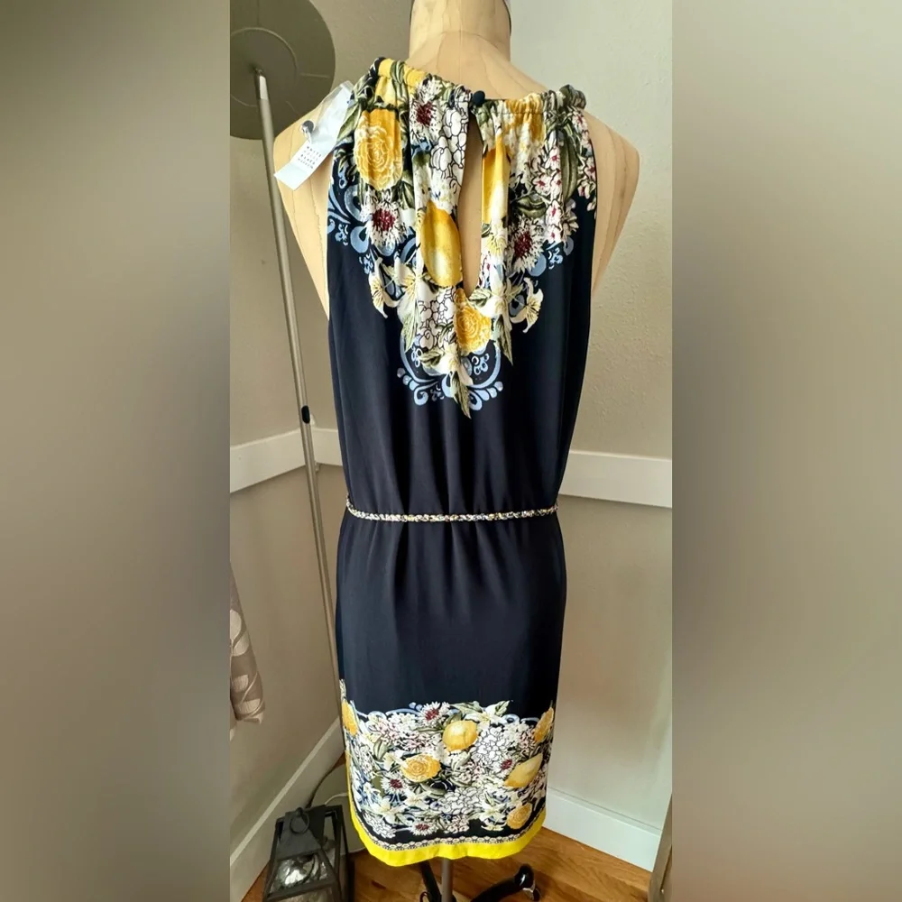 White House Black Market Black Halter Dress with Yellow Floral Trim NEW, Large - Picture 3 of 7